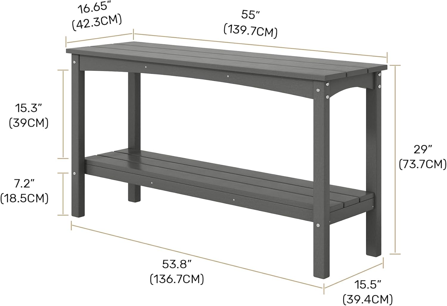 Costaelm Adirondack Outdoor Side Table, 55” HDPE Small Outside Table with Storage Shelf, Weather Resistant Plant Shelf, Outdoor Coffee Table and Buffet Table for Pool & Yard, Gray