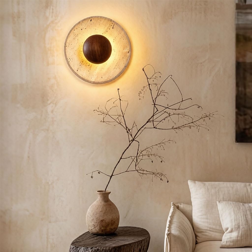 Wabi-Sabi Travertin-Wandleuchte Natürliche Gelbe Travertin-Wandlampe Mit Massivem Walnussholz Minimalistische LED-Wandleuchte Mit Warmem Blendfreiem Licht Geeignet Für Schlafzimmer