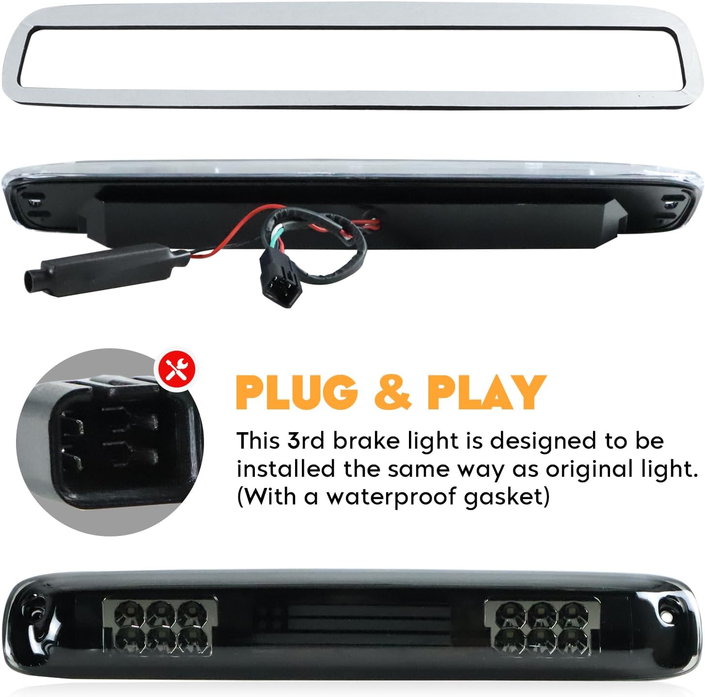 LED Tail Light + 3rd Third Brake Cargo Lamp Fit for Chevy Silverado 1500 2500 99-02, 1500HD 2500HD 01-02, for GMC Sierra 1500 2500 99-03, 1500HD 2500HD 01-03 Taillights, Smoked Lens, 3 Pcs