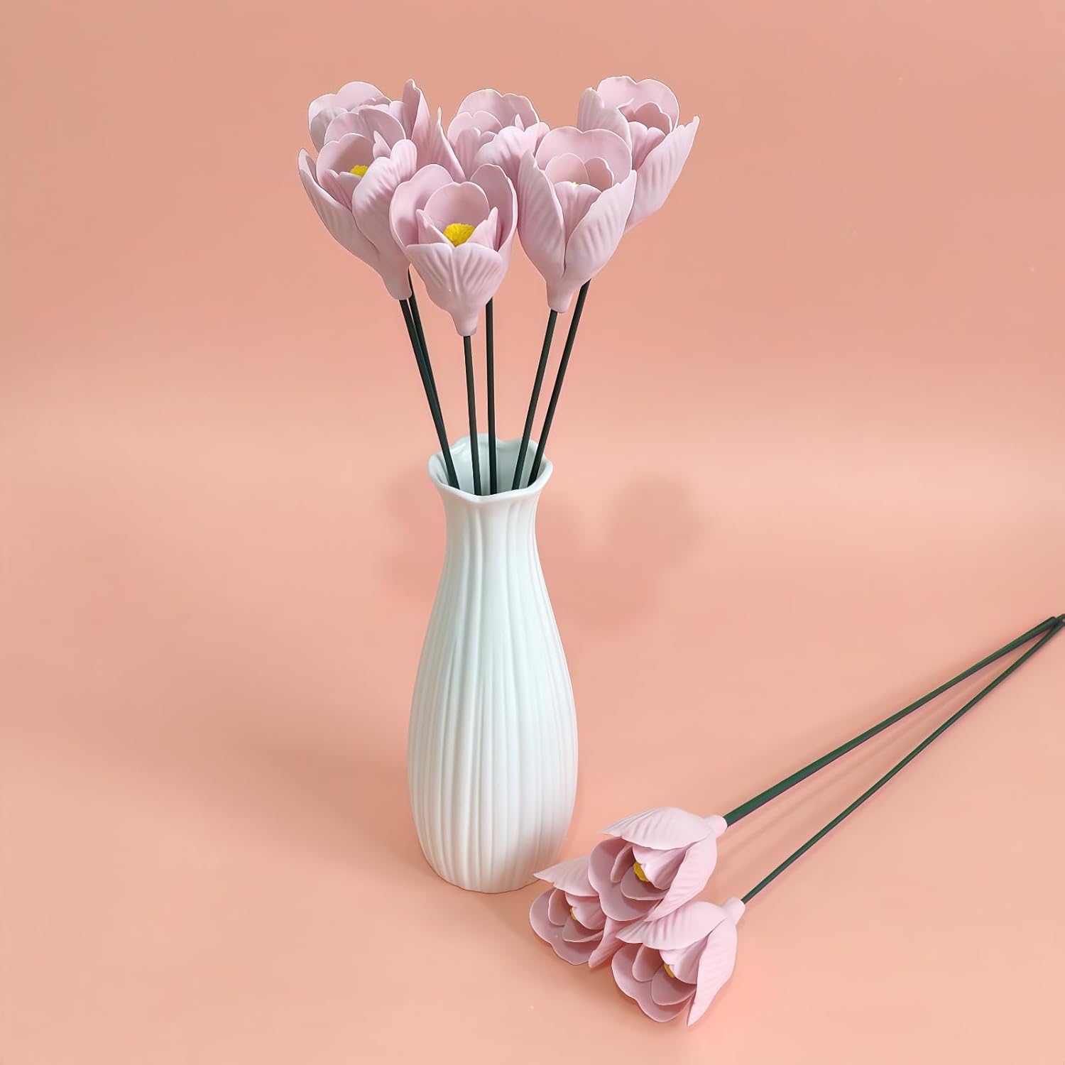 Handmade Porcelain 3D Ceramic Tulip Flower, Eternal Flower Decoration for Home Office Decor Set of 9(Pink) - Image 2