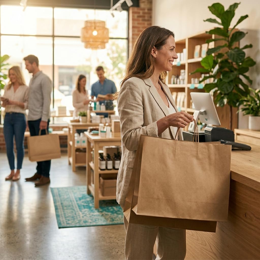Commerline Lot de 200 sacs en papier kraft marron avec anse, 35 + 14 x 36 cm, avec poignée en cordon, sacs en papier pour le shopping et l'emballage, sacs cadeaux d'anniversaire d'enfants, fêtes