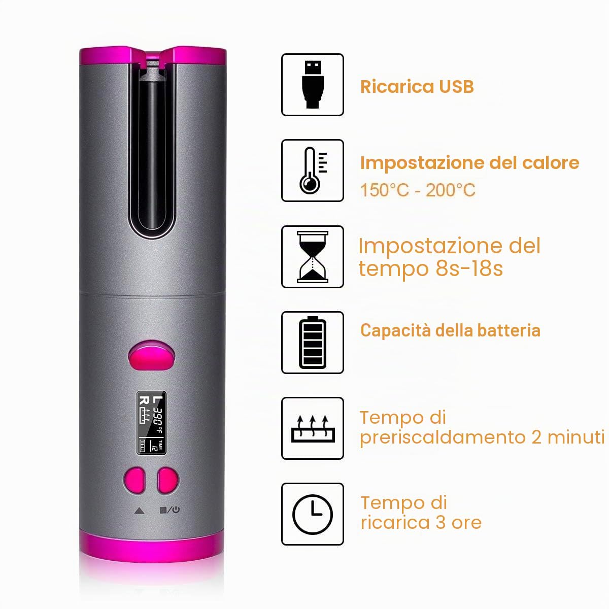 EMEBAY Ferro Arricciacapelli Automatico Senza Fili con Batteria Ricaricabile 4000mAh, Bigodino Anti-Ustioni con Timer, 6 Temperature Regolabili per Capelli Lunghi e Corti, Display LCD, Portatile