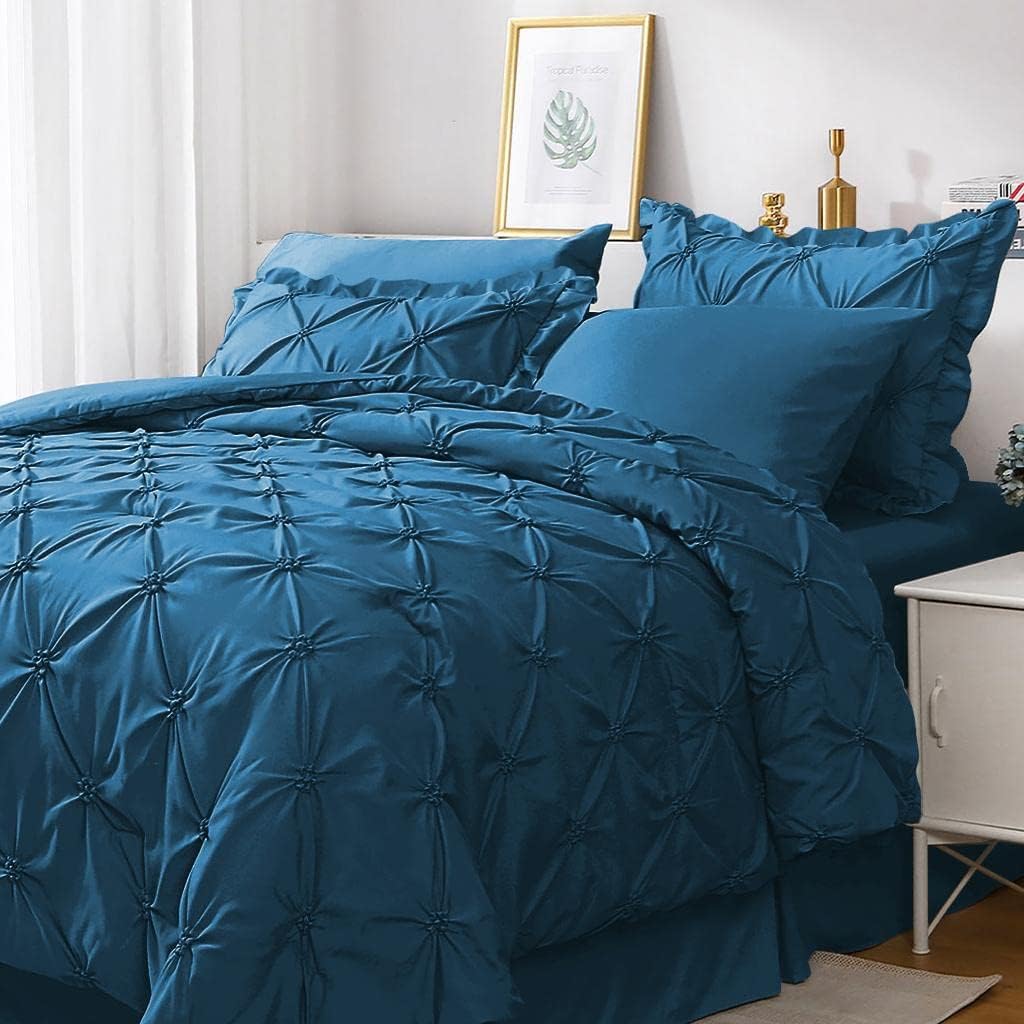 JOLLYVOGUE King Size Comforter Set 7 Pieces, Teal Bed in a Bag Comforter Set for Bedroom, Beddding Sets with Comforter, Sheets,Ruffled Shams & Pillowcases