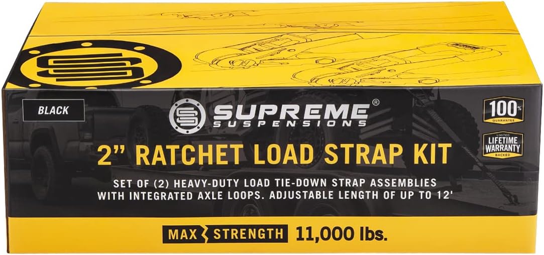 Supreme Suspensions Ratchet Strap Kit - Pack of (2) Heavy-Duty Load Tie-Down Straps with J-Hooks and Delta-Wings | Adjustable from 4' to 12' Straps | 11,000lbs MAX Strength