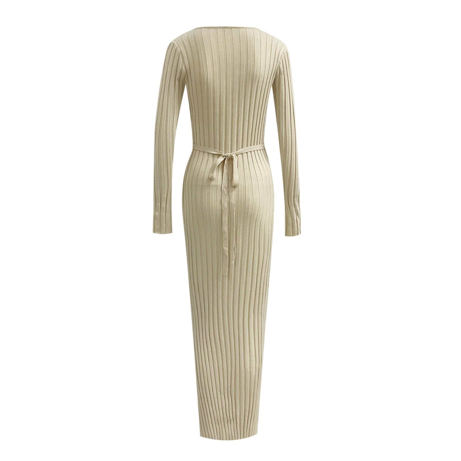Elegante vestido largo de punto con cuello alto, estructura acanalada, diseño entallado, adelgazante, casual, con ajuste en la cintura