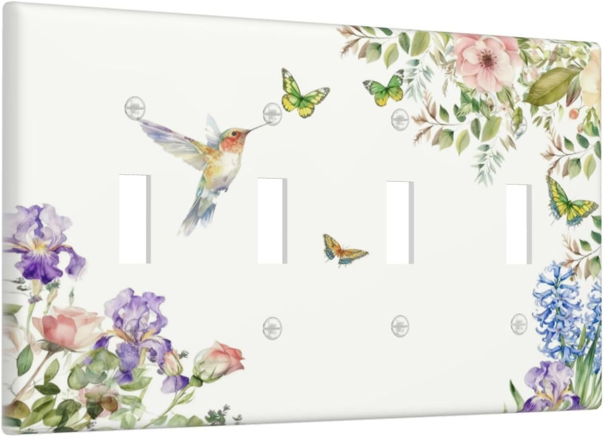 Decorative Light Switch Cover Plate Rustic Hummingbird Flower Butterfly 4 Gang Wall Plates for Electrical Quad Toggle Switch Plate Covers Outlet Covers Faceplate for Country Home Decor