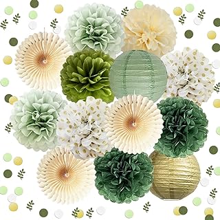 Party Decoration Sage Green Table Decoration Birthday Olive Green Tissue Paper Pom Poms Paper Fan Paper Lantern Green Gold Confetti for Man Woman Girl Boy Birthday Baby Shower Wedding Party Decoration