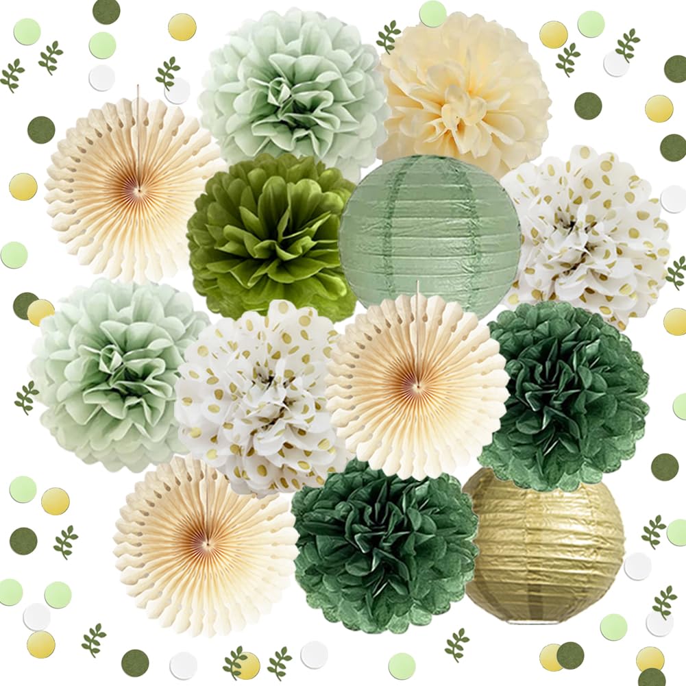 Olive Sage Green Paper Pom Poms Paper Decorations Olive Sage Green Party Decorations Paper Lanterns Sage Gold Confetti Dots Scatter Table Decorations for Baby Shower Wedding Bridal Shower Party Decor