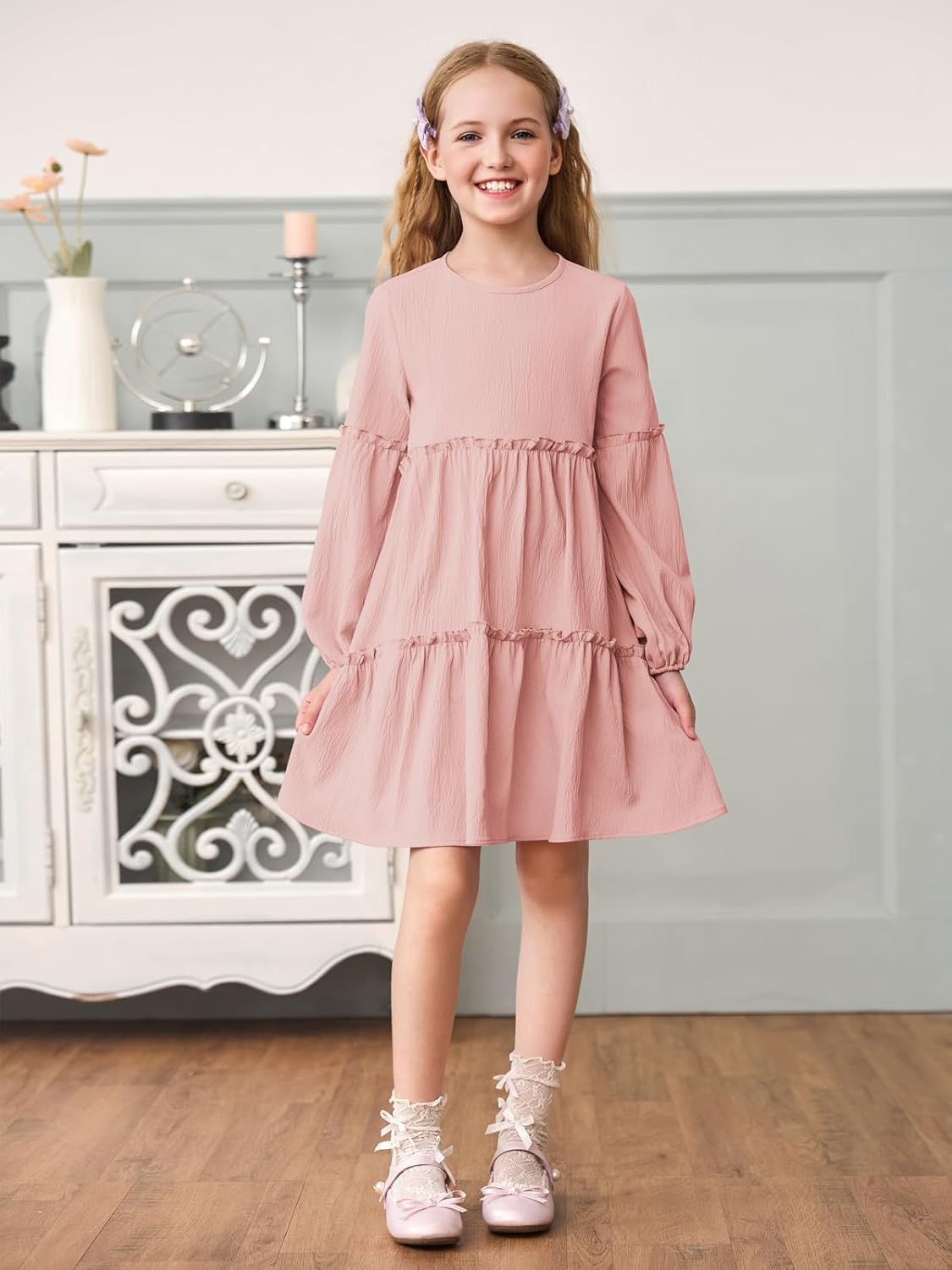 Girls Lantern Long Sleeve Dress Kids Flowy Tiered Ruffle Crewneck A-Line Fall Dresses 5-14 Years - Image 3