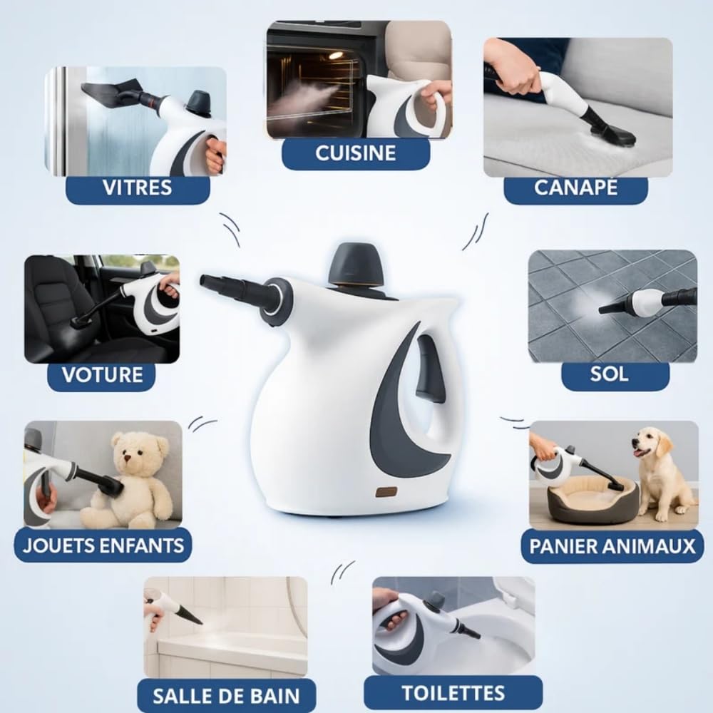 Nettoyeur Vapeur Steameo avec 9 Accessoires,Pratique, nettoyage en profondeur - Nettoyage Domestique Rapide pour Sols, Vitres, Tapis