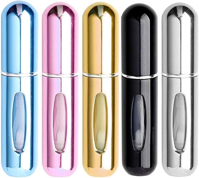 BetterJonny 5 PCS Perfume Atomiser Bottles, 5ml Refillable Fragrance Atomiser Travel Perfume Spray Bottle Silver Pink Blue Black Gold