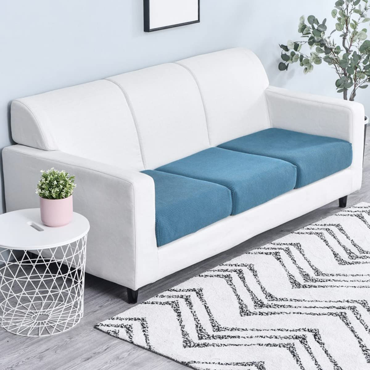 Housse de coussin amovible jacquard extensible bleu L pour grand canapé familial