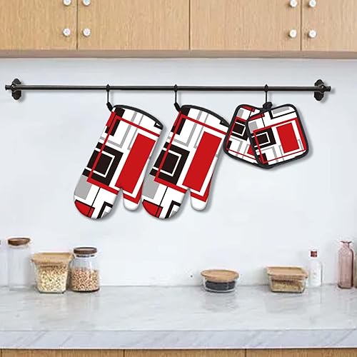 Miniatura 2 de MCALK Juego de 5 manoplas geométricas rojas para horno y soportes para ollas, guantes de horno negros y almohadillas calientes para cocina de