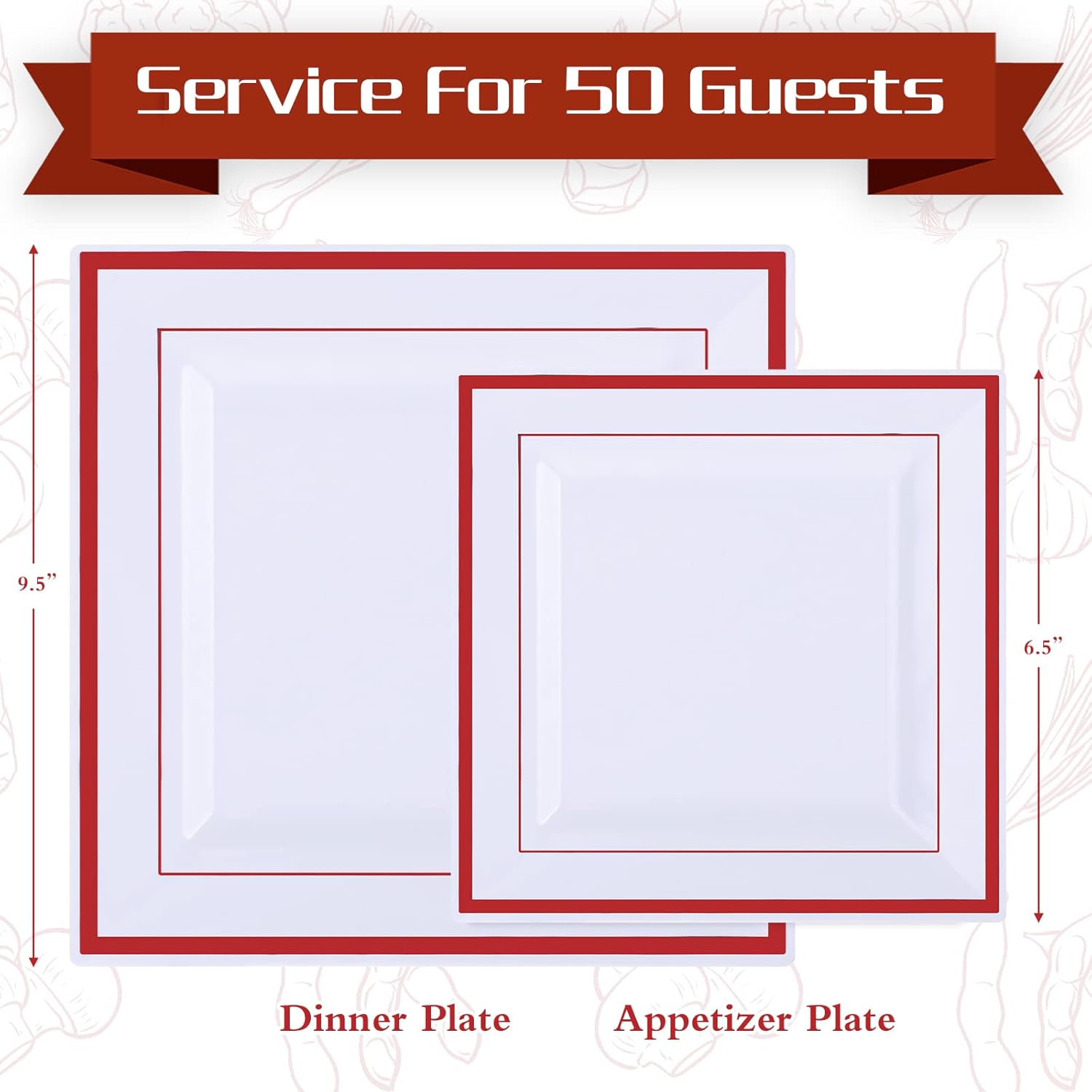 Yinder 100 Pcs Red Disposable Plates Square Plastic Dinnerware Set 50 Guests 9.5, 6.5 in Heavy Duty Plastic Dinner Plates for Graduation Wedding Party(Red Rim)