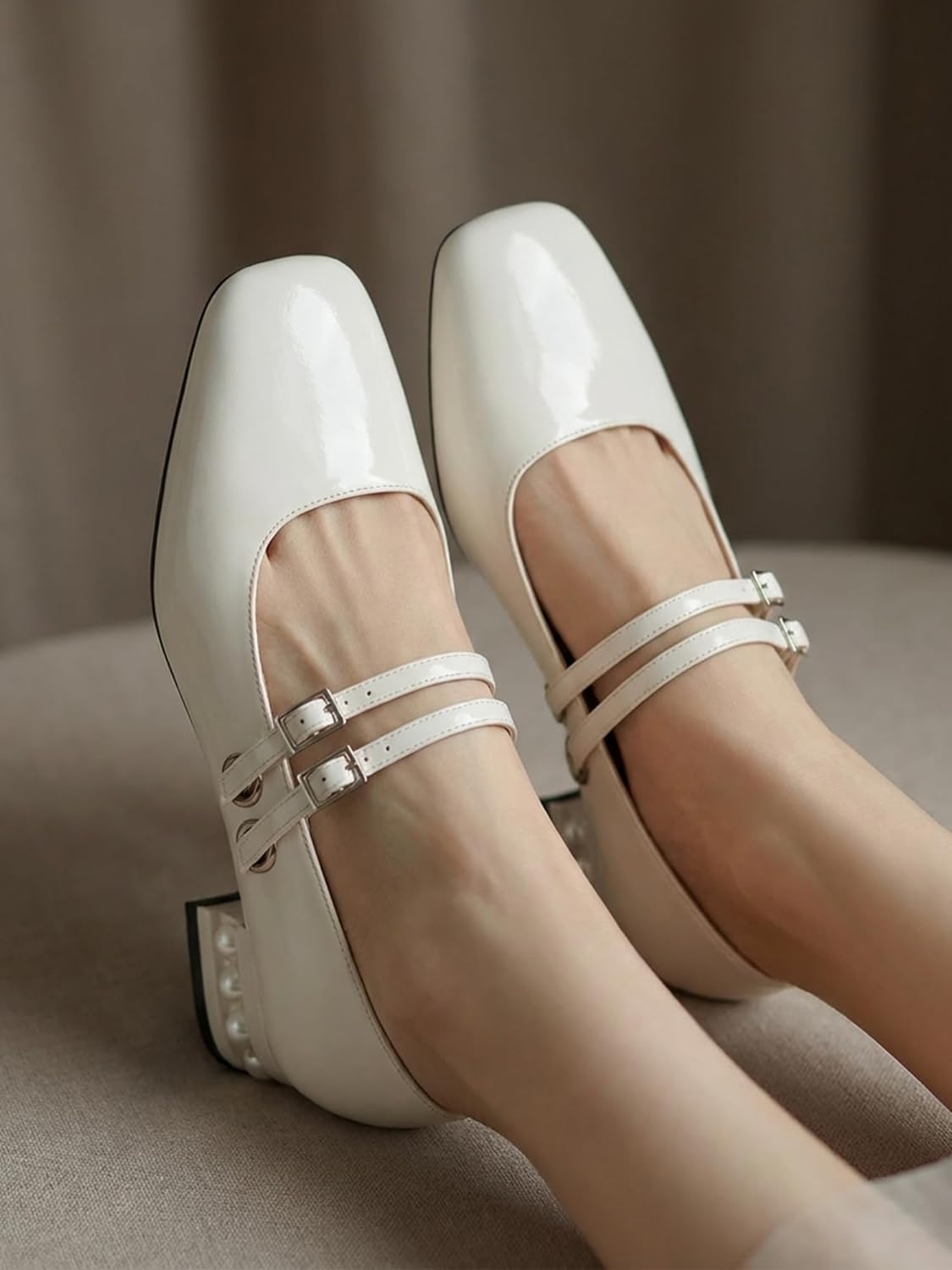 Women's Mary Jane Low Pearl Heels Closed Square Toe Pumps Ballet Dressy Double Strap Comfortable Slip on Shoes - Image 2