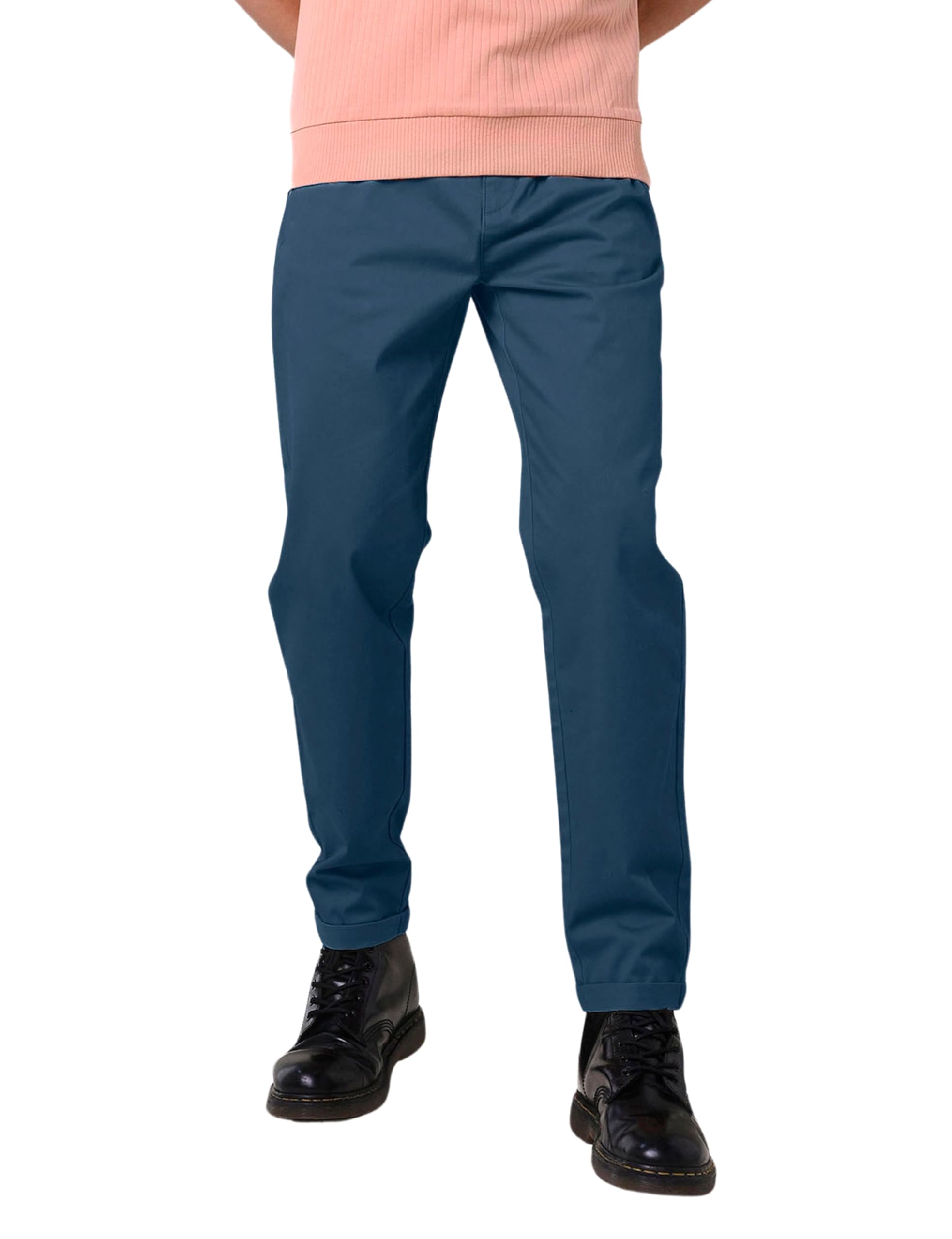 Enorsia Mens Folded Hem Trousers with Elasticated Waist, Adjustable Drawcord, Angled Side Pockets and Cotton Satin Fabric (Blue,32)