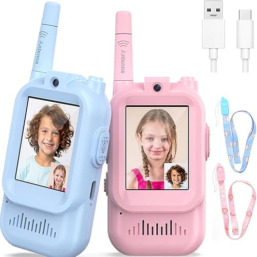 Walkie Talkie para niños con video, paquete de 2 juguetes recargables para niños pequeños con cámara HD y cambiador de voz, radios bidireccionales