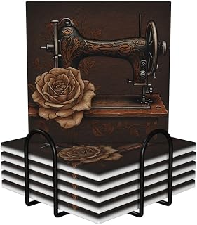 Rose and Sewing Machine Printed Coasters for Drinks Set of 6 with Holder Ceramic Coasters with Cork Base Coffee Cup Beverage Coasters Heat and Scratch Resistance Wine Beer Bar Coasters