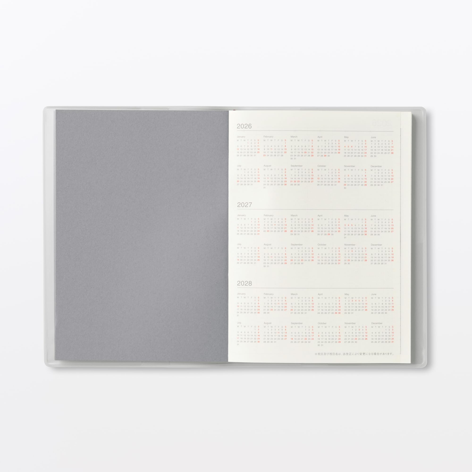 MUJI 76418818 Agenda mensual/semanal, comienza en marzo de 2026, A6, color blanco y gris