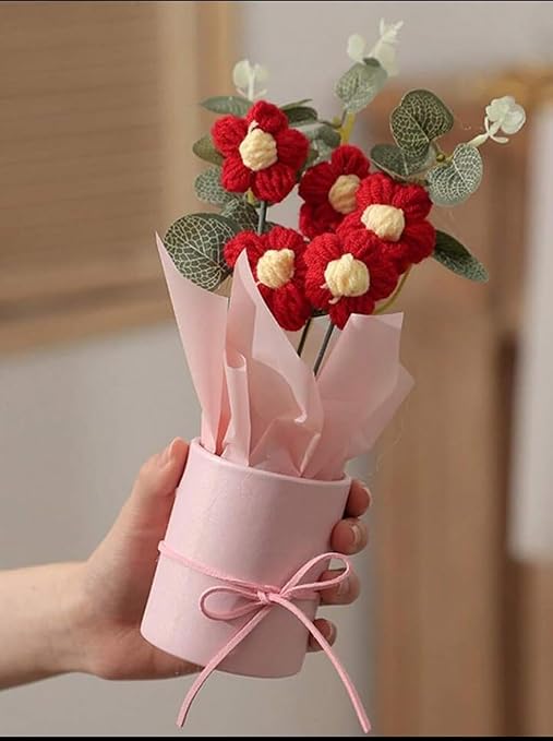 Artificial Knitted Flower Bouquet in Pink Pot | Decorative Tabletop Flower Arrangement | Approx 26 cm Height (Red Flower)