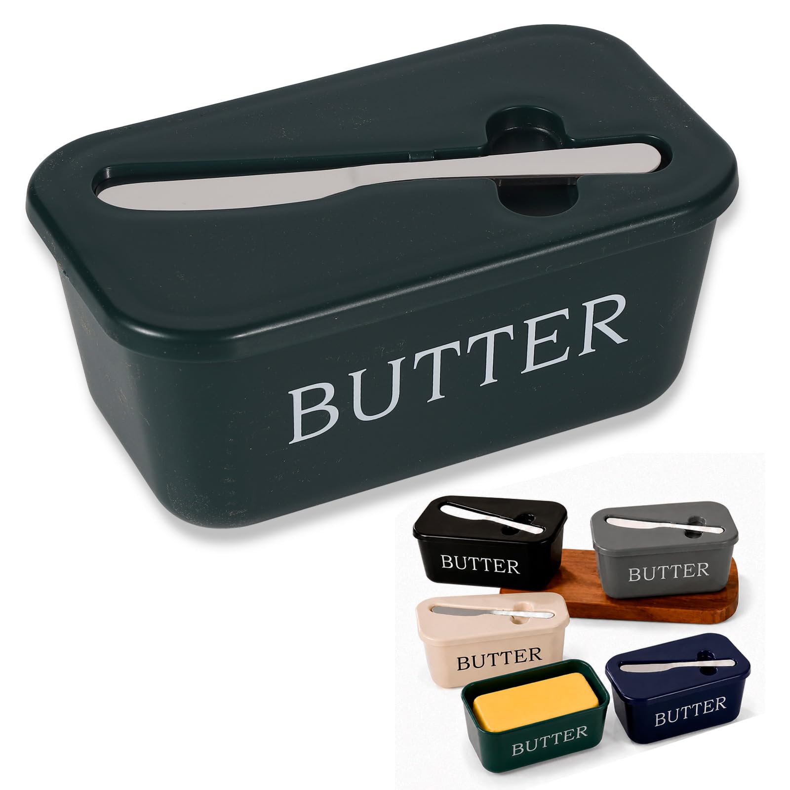 HOMAVEL Butter Dish with Lid and Knife Slot Dark Green Fridge Storage