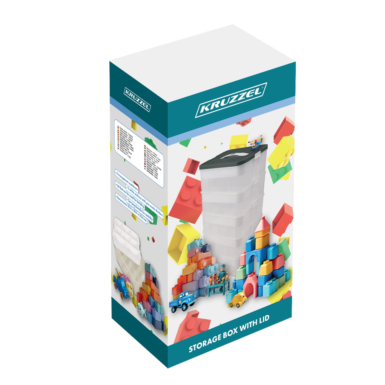 KRUZZEL Scatola portaoggetti con coperchio a 5 livelli, 35 l, con coperchio per Lego trasparente, la scatola non contiene blocchi, scatole impilabili in modo sicuro, impilabile 25759
