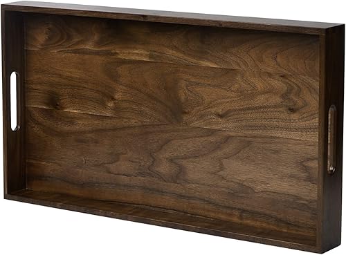 Miniatura 10 de Bandeja rectangular de nogal negro sólido de 28 x 15 pulgadas, bandejas de madera extra grandes para otomana con asas, bandeja FSC natural hecha a