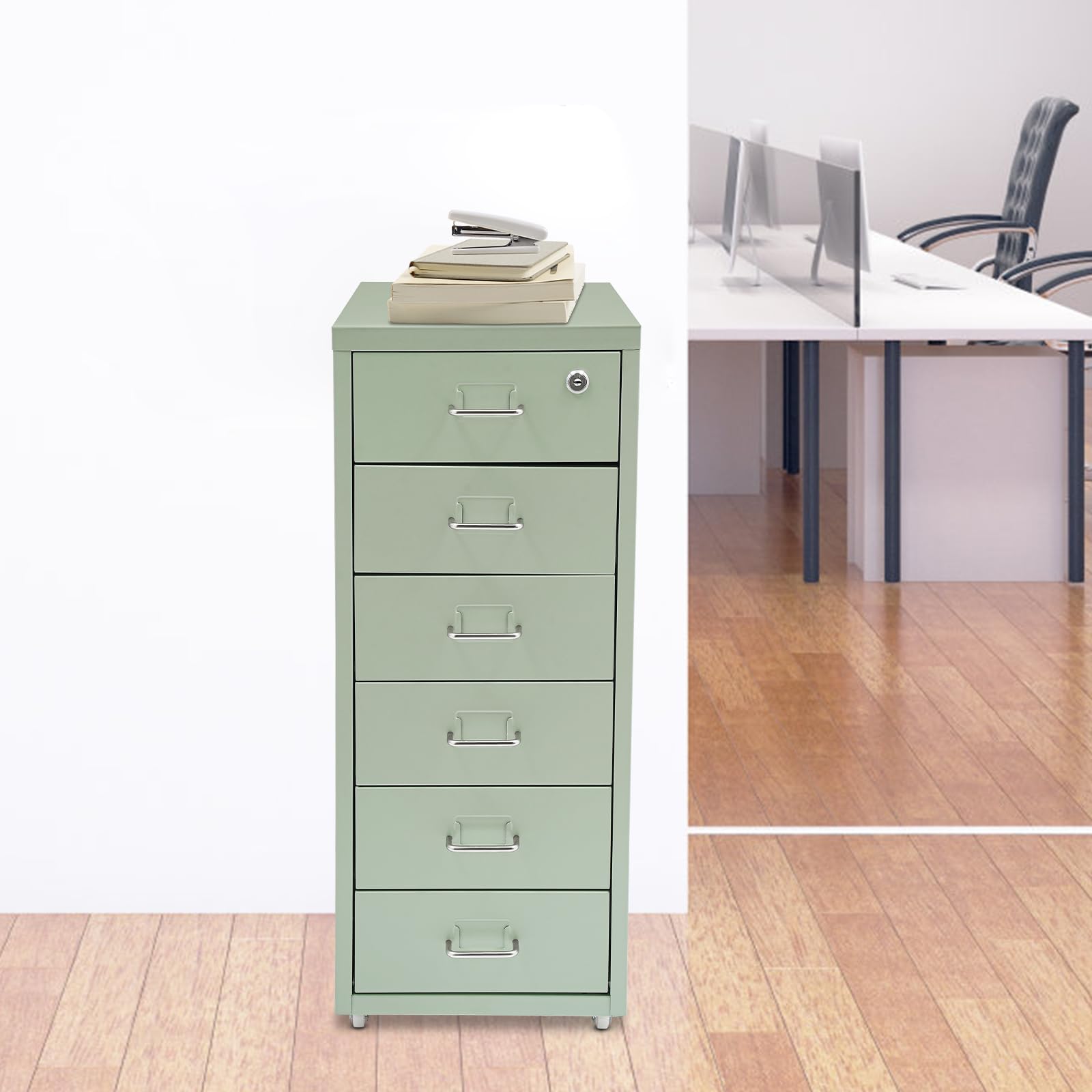 Meuble de rangement mobile à 6 tiroirs, en métal, avec roulettes, pour la maison et le bureau, 28 x 41 x 69 cm, beige (vert)
