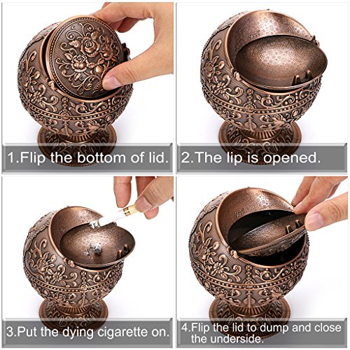 BSTKY Windbestendige vintage asbak met deksel – klassiek burgenpatroon, tafelasbak, voor binnen en buiten, retro, voor thuis, kantoor, als decoratie roodbrons - Image 4