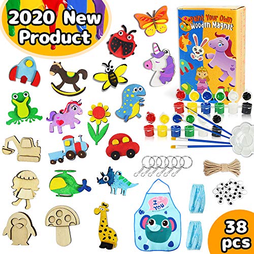 Biliqueen Wooden Craft Kits for Kids Age 4-8, 38Pcs DIY Wood Painting Magnets, Paint Your Own Arts and Crafts Supplies Christmas Party Favors for Boys Girls Age 4 5 6 7 8 Easter Basket Stuffers