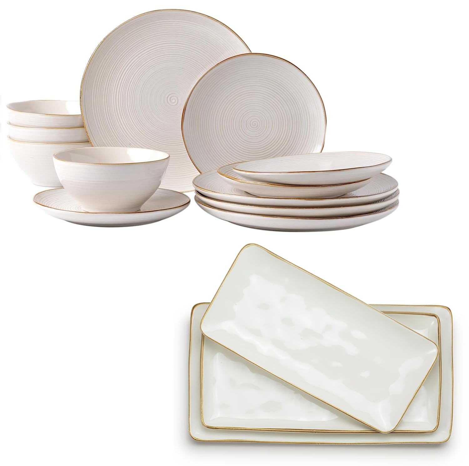 Famiware Tempus Plates and Bowls Sets + 3 Pcs Ocean Rectangular Serving Platter, 15-Piece Dinnerware Sets for 4, White