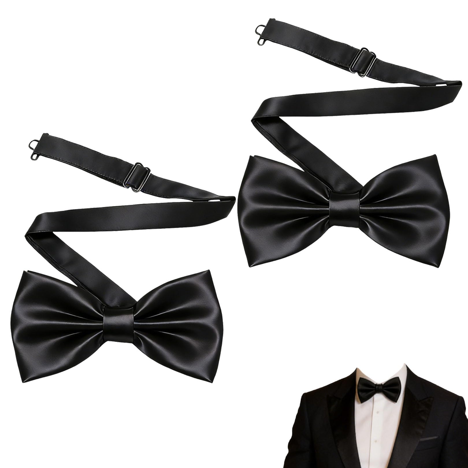 Vndkgn Men's Black 2 Pcs Bow Tie, Bow Tie, Classic Formal Satin Clip On Bowtie Accessories Kits Fit In Costume&Tuxedo For Wedding,Banquet,Parties Adjustable Tweens Solid Color Elegant Silk Pre-Tied Bow-Ties