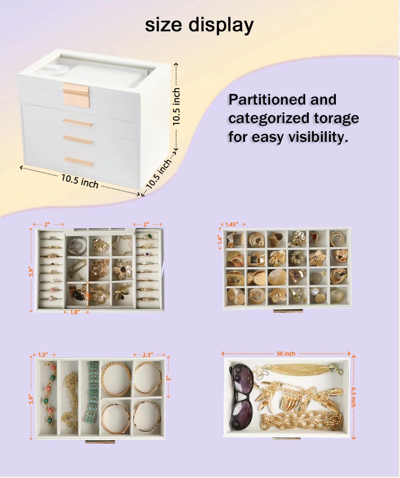 BOOVO Jewelry Boxes for Women, White and Black 4 Layer Large Jewelry Box for Necklace, Bracelet, Earrings, Rings Storage, Jewelry holder Organizer for Girls Gift (Clear White, 4 layer)