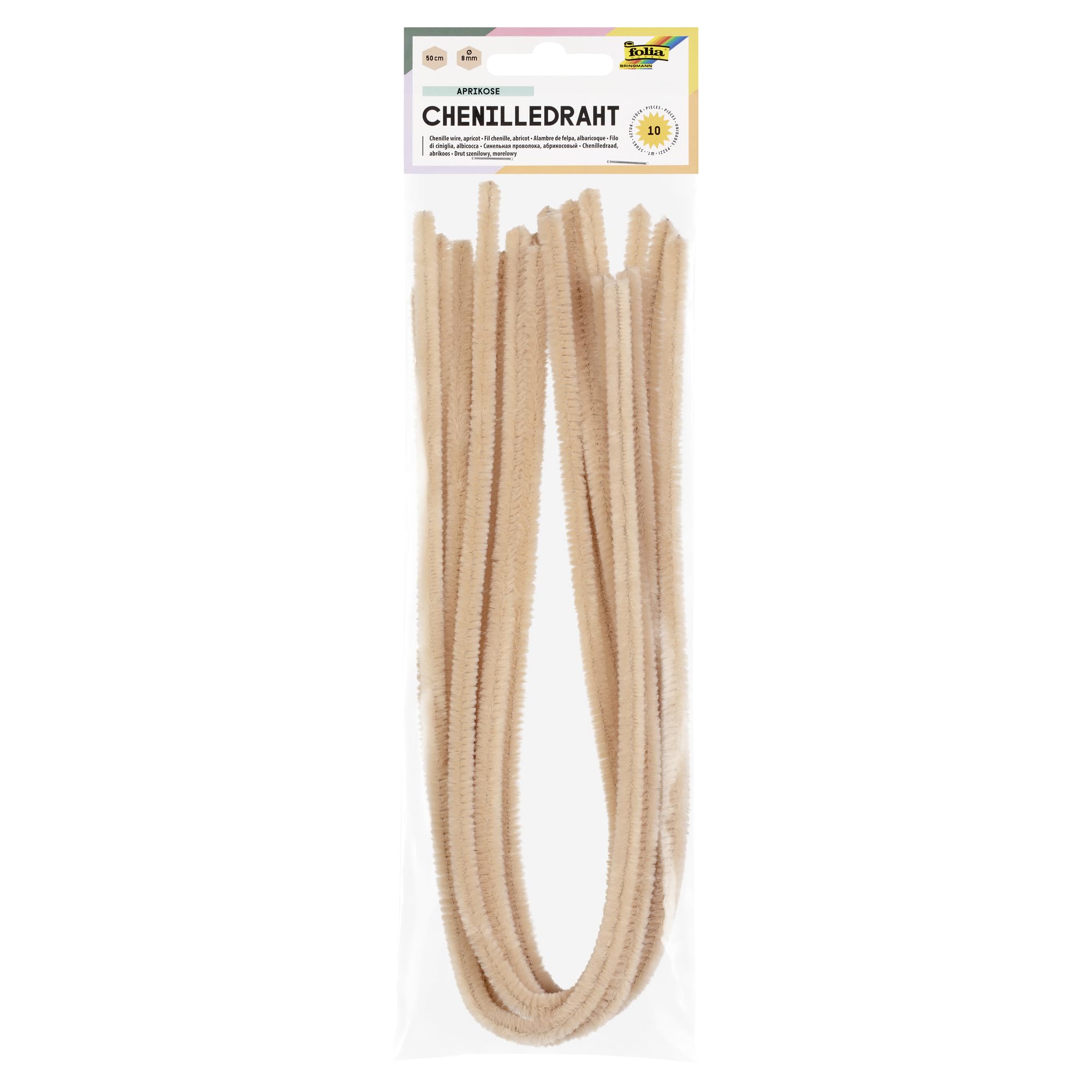 folia 77842 Chenille Wire, Pipe Cleaners, Pack of 10 in Light Beige, Diameter 8 mm and 50 cm Long, Ideal for Children for Crafts and Designing
