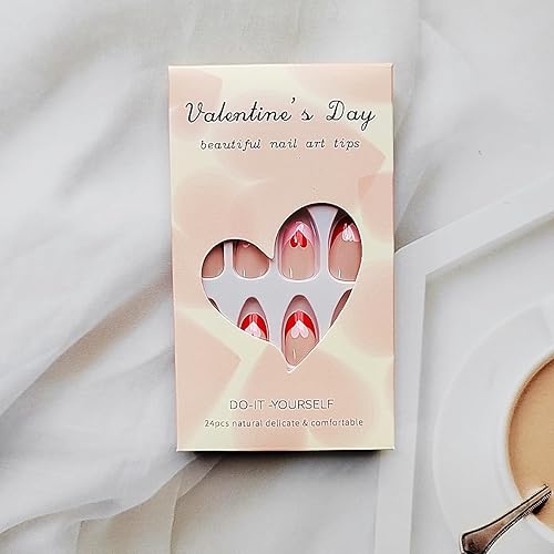 Miniatura 5 de Uñas postizas a presión de punta francesa corta almendra, uñas postizas para el día de San Valentín, uñas postizas rosas y rojas, con diseño de