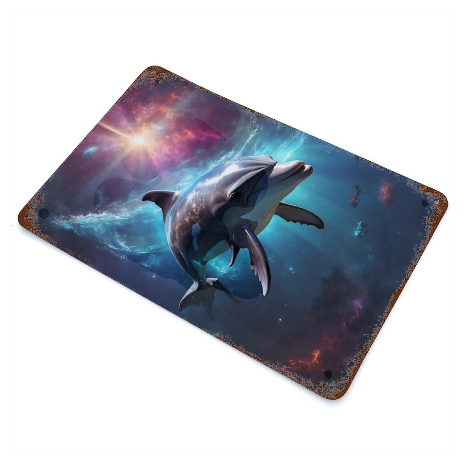 Funny Dolphin in Space Aged Metal Wall Plaque 11.8"x7.9", Industrial Home Decor for Pub, Kitchen And Man Cave Decor