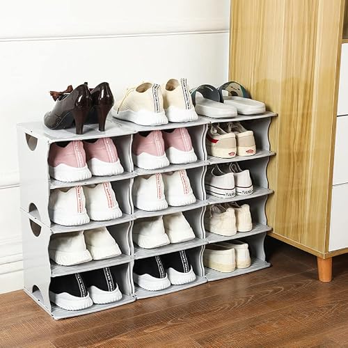 Lgaqcox 2 Pcs Of 4 Tier Shoe Rack, Free Standing Shoe Racks For Closet, Free-Combination Narrow Shoe Storage Organizer For Bedroom & Entryway, Space Saver Stackable Shoe Shelf,Easy Assembly Clean,Grey #TOP3