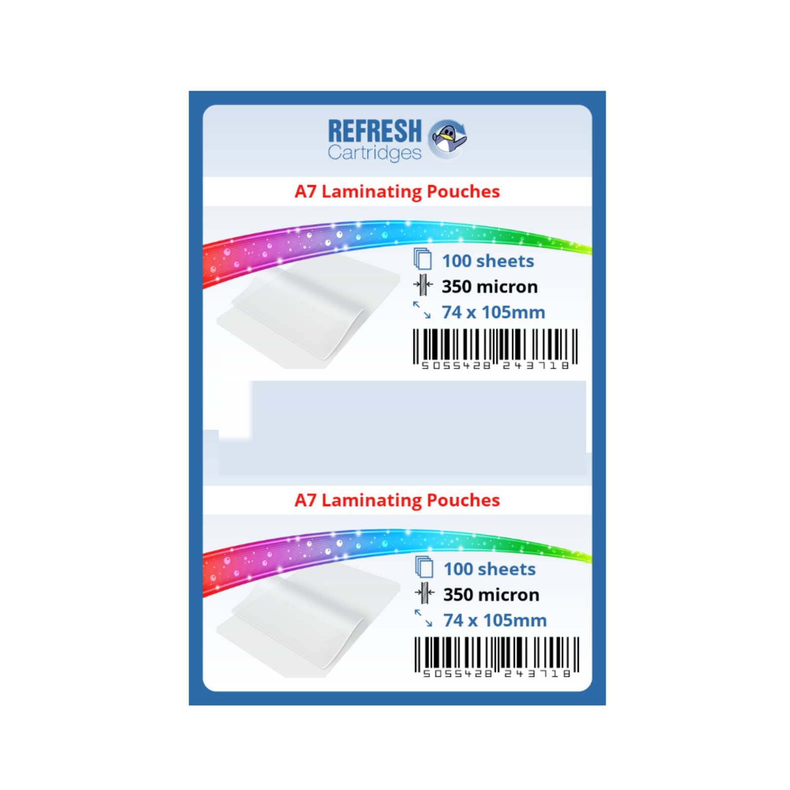 Refresh Cartridges - Laminating Pouches A7 (75x105mm) 350 Micron Pack of 100 Sheets