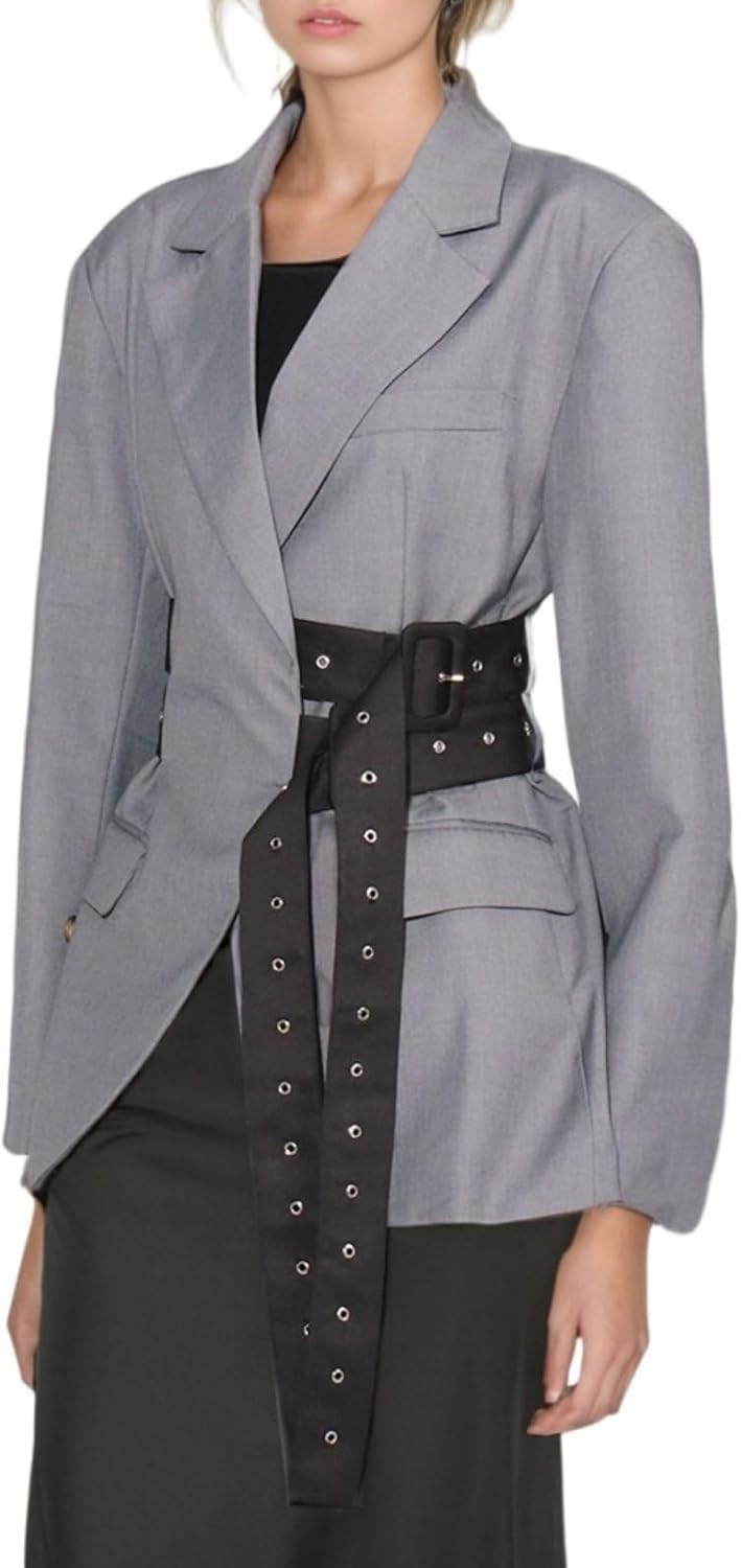 Womens Notched Lapel Blazers Open Front Wrap Belted Fashion Button Back Business Jackets