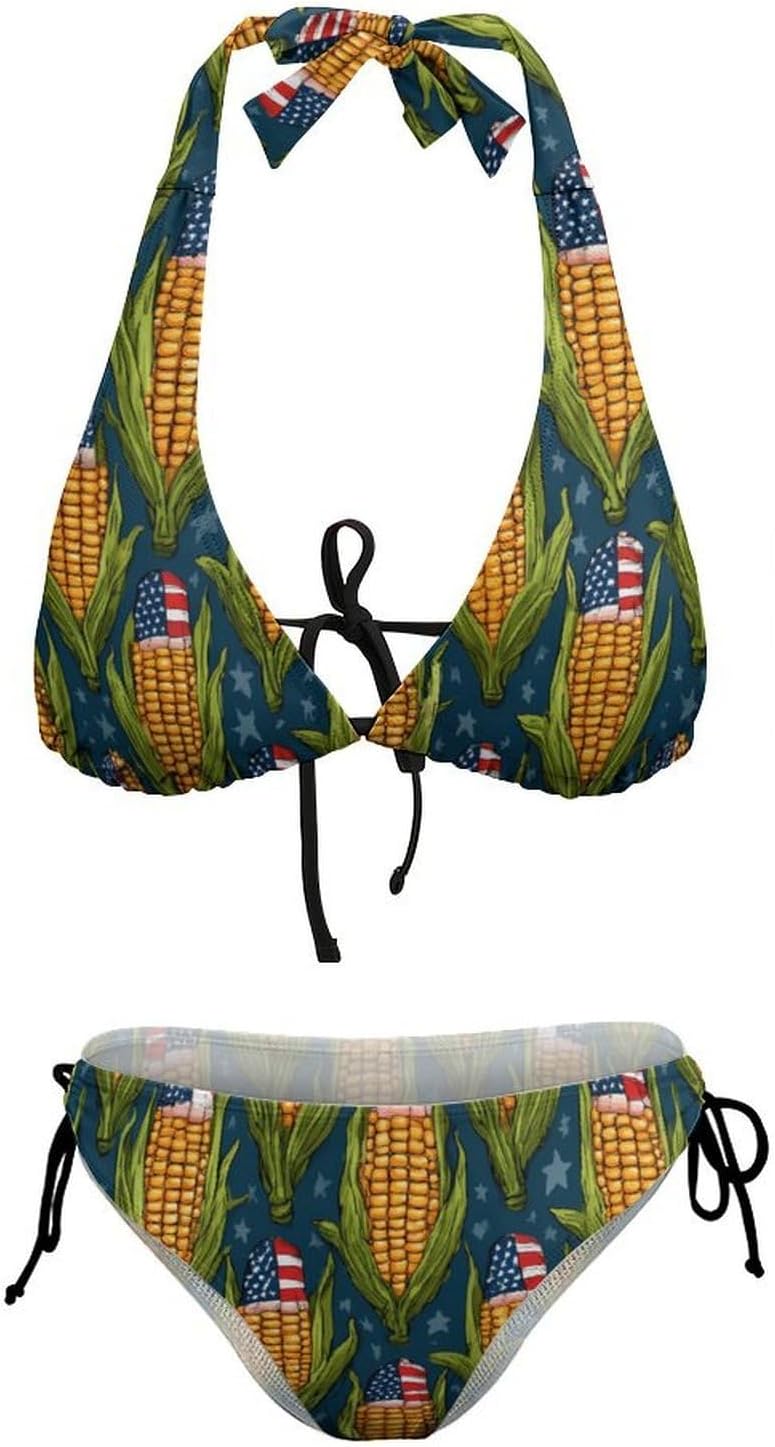 Corn with U.S. Flag Novelty Women's 2 Piece String Bikini Set Swimsuits Bathing Suit Swimwear