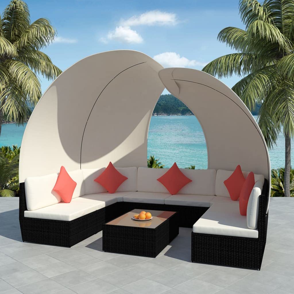 Juego de salón de jardín de 9 piezas, ratán sintético negro con 2 toldos, conjunto modular para exteriores, para terraza, balcón y jardín, incluye cojín y mesa de café