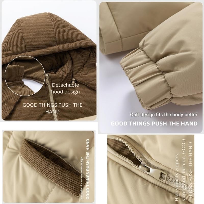 Image of Men's Winter Jacket Solid Color Long Sleeve Zipper Coat with Removable Hood Pockets