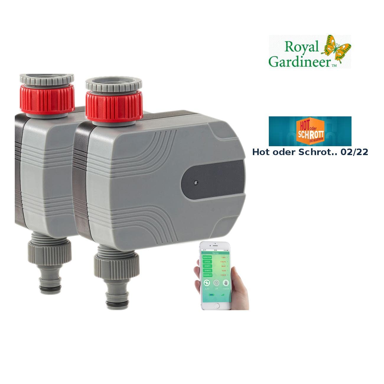 Royal Gardineer Wasserhahn, Bluetooth: 2er-Set Bewässerungscomputer mit Bluetooth und App-Steuerung (Wasserhahn per App steuern, Bewässerungscomputer gesteuert, iPad)