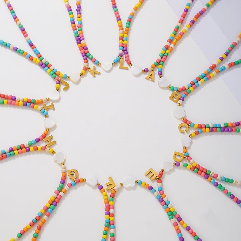 Beaded Initial Necklace & Stretch Bracelet – Elegant Bohemian Style Gold Charm Jewelry with Heart Pendant, Ideal for Women's Birthdays, Graduation colorful beaded necklace - Image 8