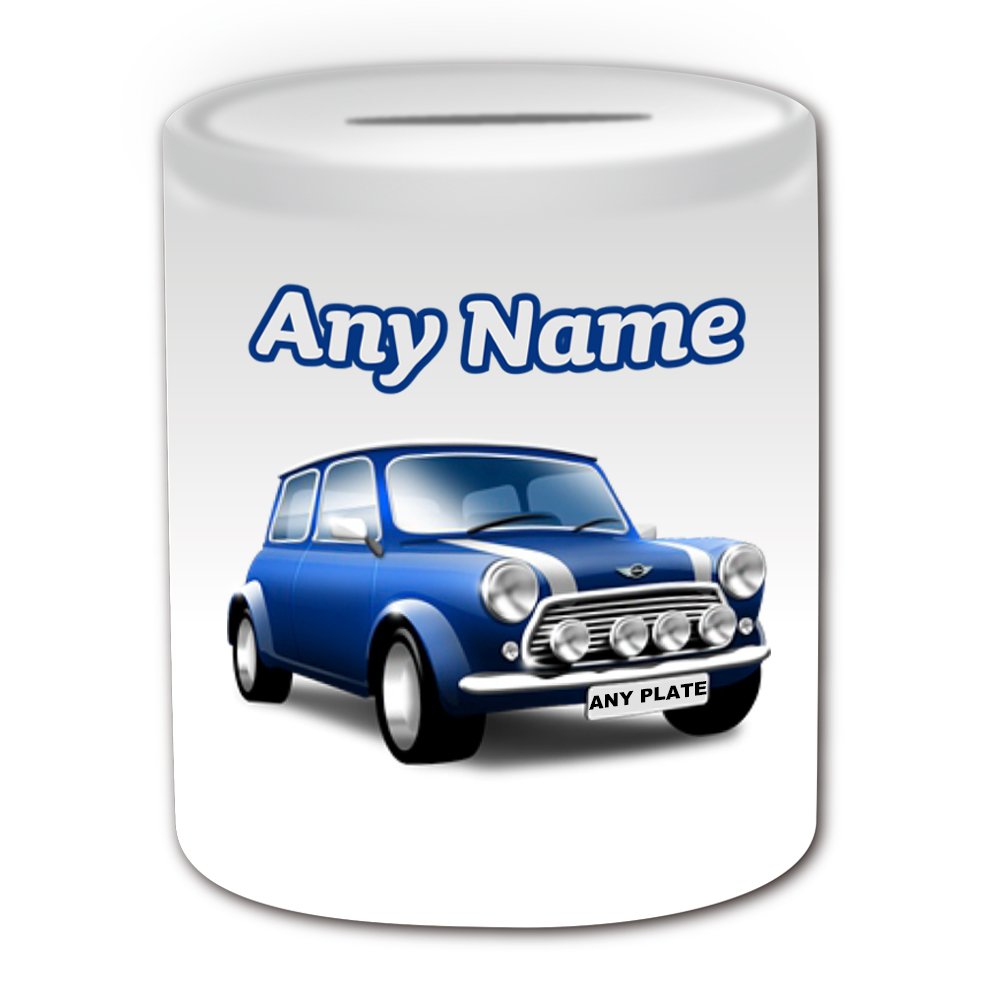 Personalisierte Spardose – Mini Cooper Design In Blau/weiß, Mit Deinem Eigenen Text Oder Namen, 95x80 Mm