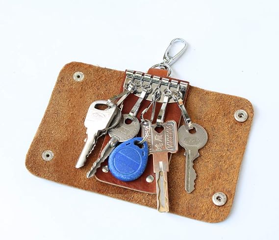 Handmade Leather 6 Hook Snap Button Large Capacity Key Holder Key Case for Men