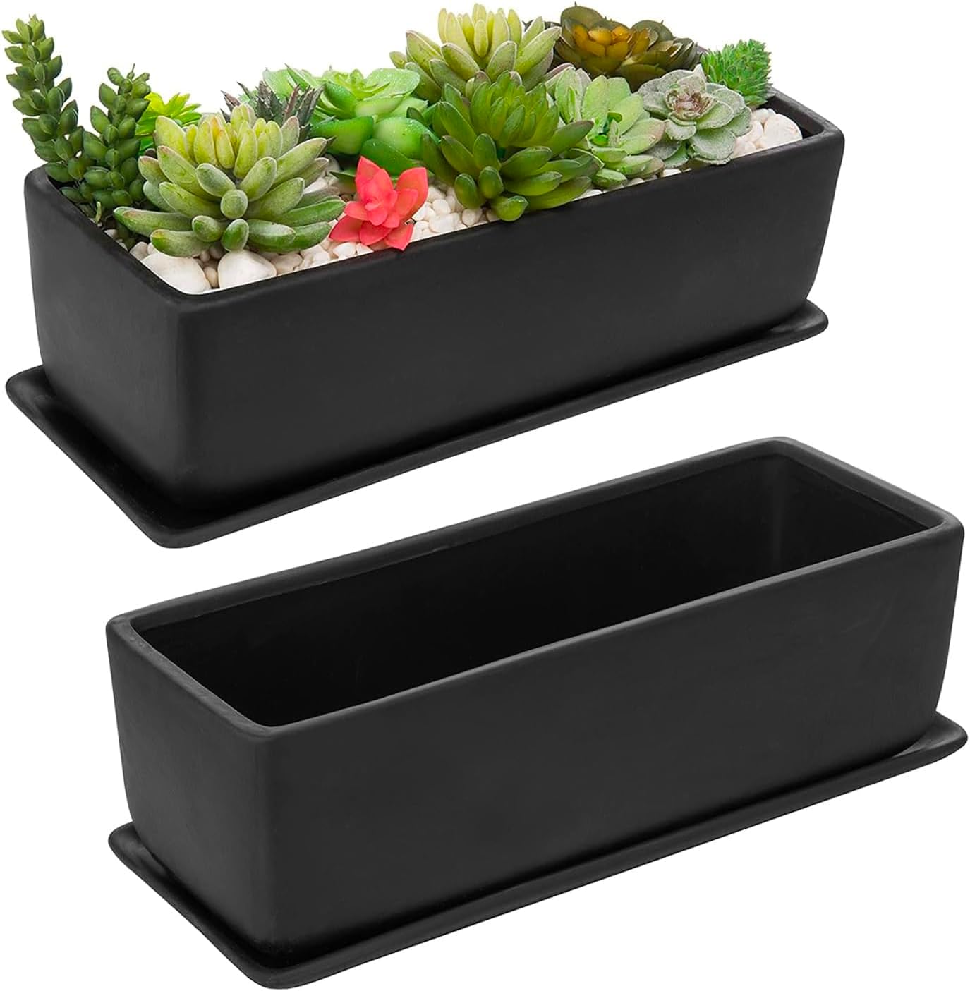 MyGift Matte Black Ceramic Indoor Plant Pot Succulent Planter, Decorative Flower Planter with Drainage Hole and Removable Tray (14 inch - 2 Pack)