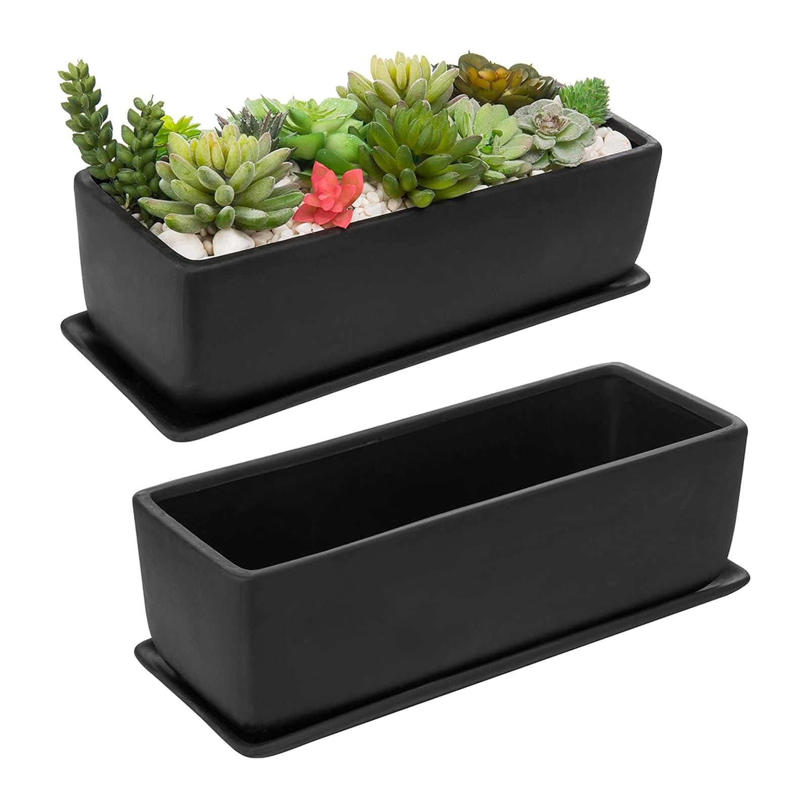 MyGift Matte Black Ceramic Planter 14 Inch 2 Pack
