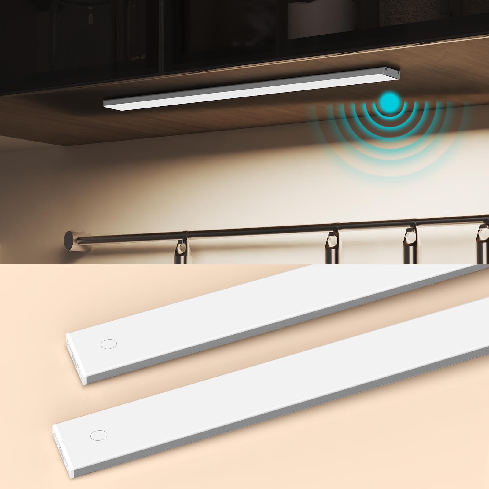 15.7 inches Full Screen Bright Motion Sensor Light Indoor, Rechargeable Under Cabinet Lighting, Quick Setup, 3 Color Temps and Stepless Dimming LED Under Cabinet Lights 2 Pack