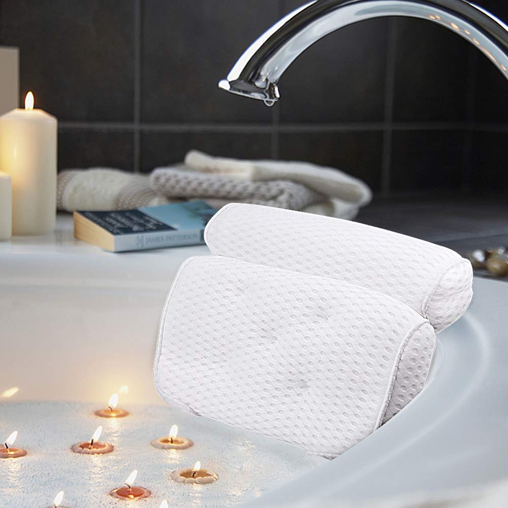 Bath Pillow, Bathtub Spa Pillow with 4D Air Mesh Technology and 7 Suction Cups, Helps Support Head, Back, Shoulder and Neck, Fits All Bathtub, Hot Tub and Home Spa - Extra Thick, Soft and Quick Dry